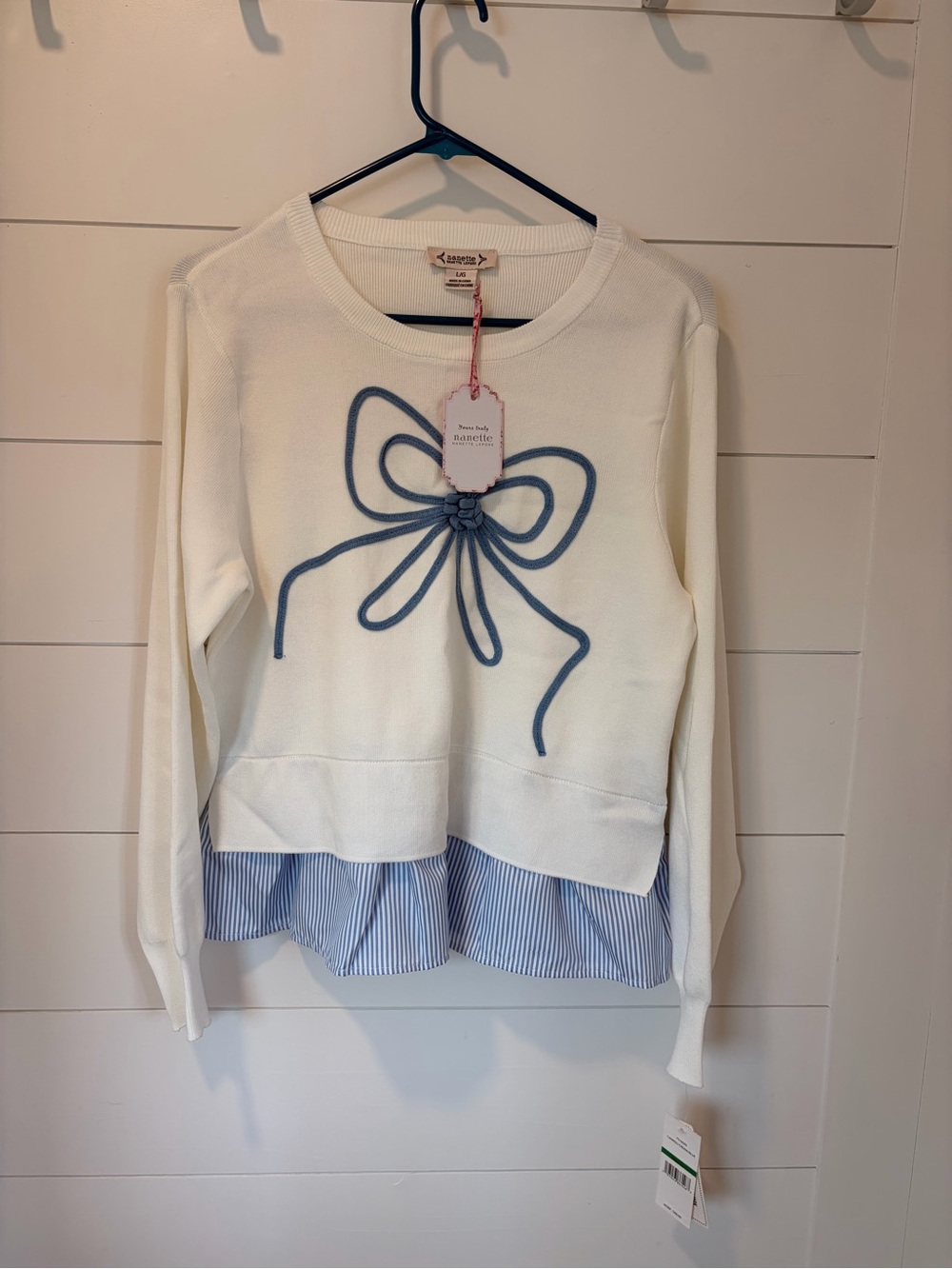 Nanette Lepore Cream Sweater with Blue Bow and Striped Hem